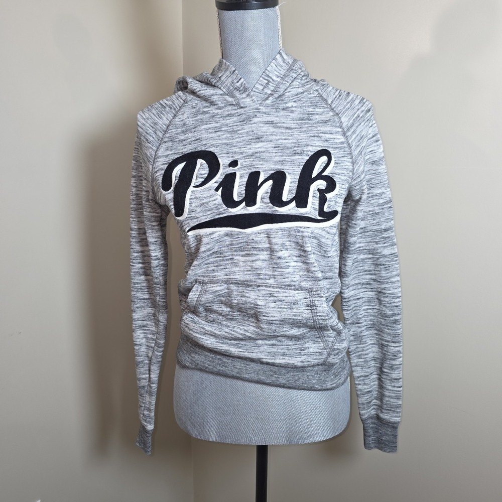 Victorias Secret Pink Gray Hoodie Sweatshirt‎ Embroidered Logo Size XS Y2K